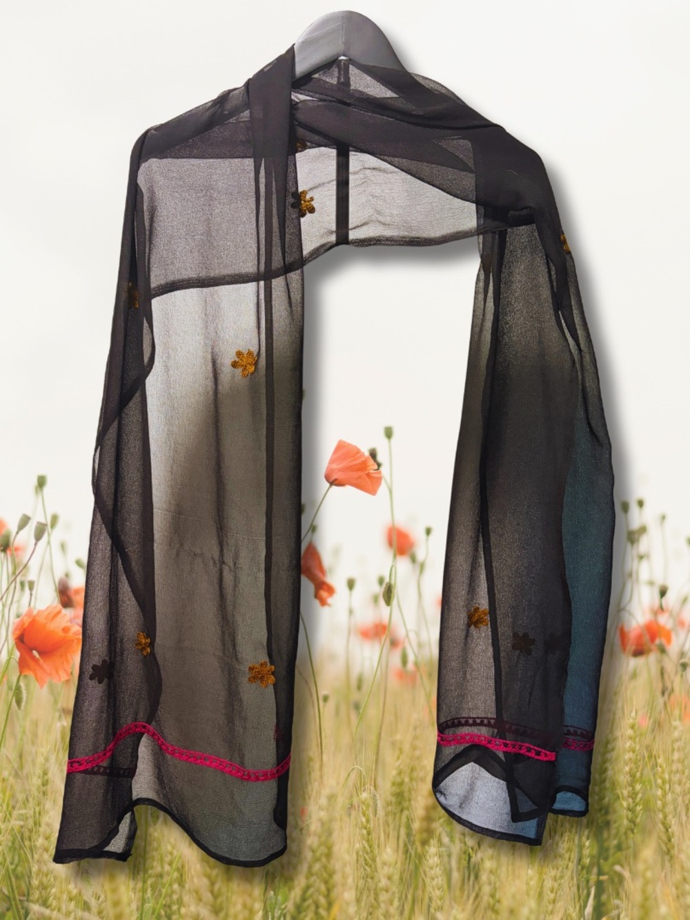 Source Unknown Black Sheer Scarf with Gold Floral Embroidery and Pink Trim